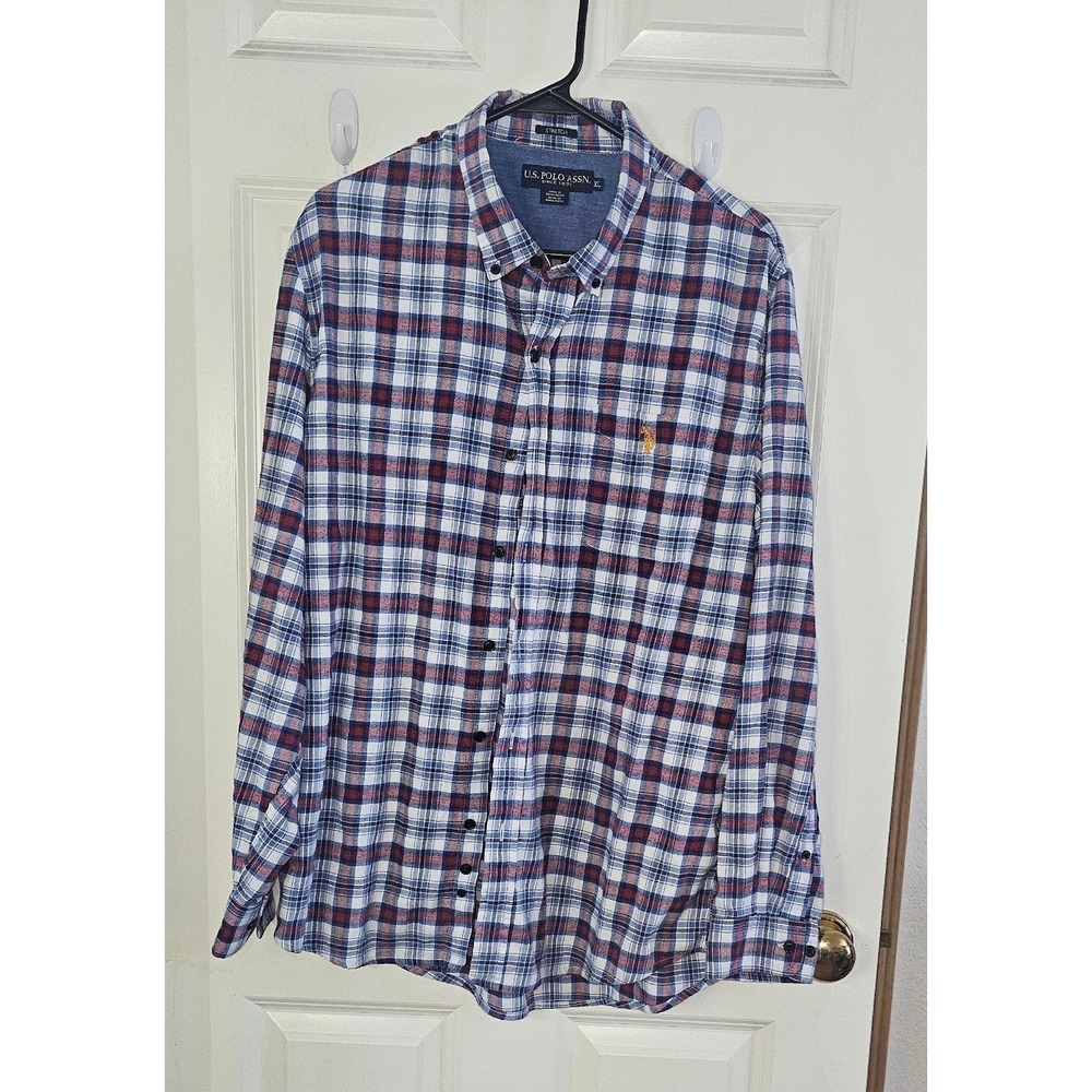 US Polo Assn Mens XL Long Sleeve Button Down Shirt Plaid Red White Blue Stretch